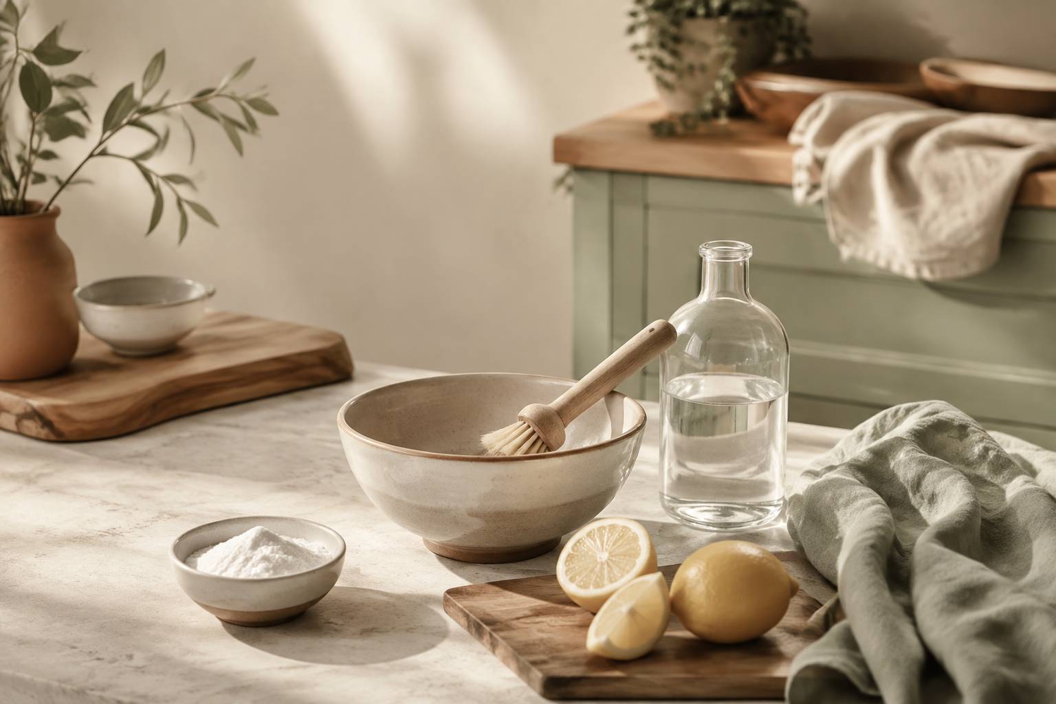 Ingrédients naturels pour nettoyant maison avec citron et bicarbonate