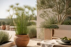 Plante de papyrus en pot de terre cuite sur une terrasse lumineuse