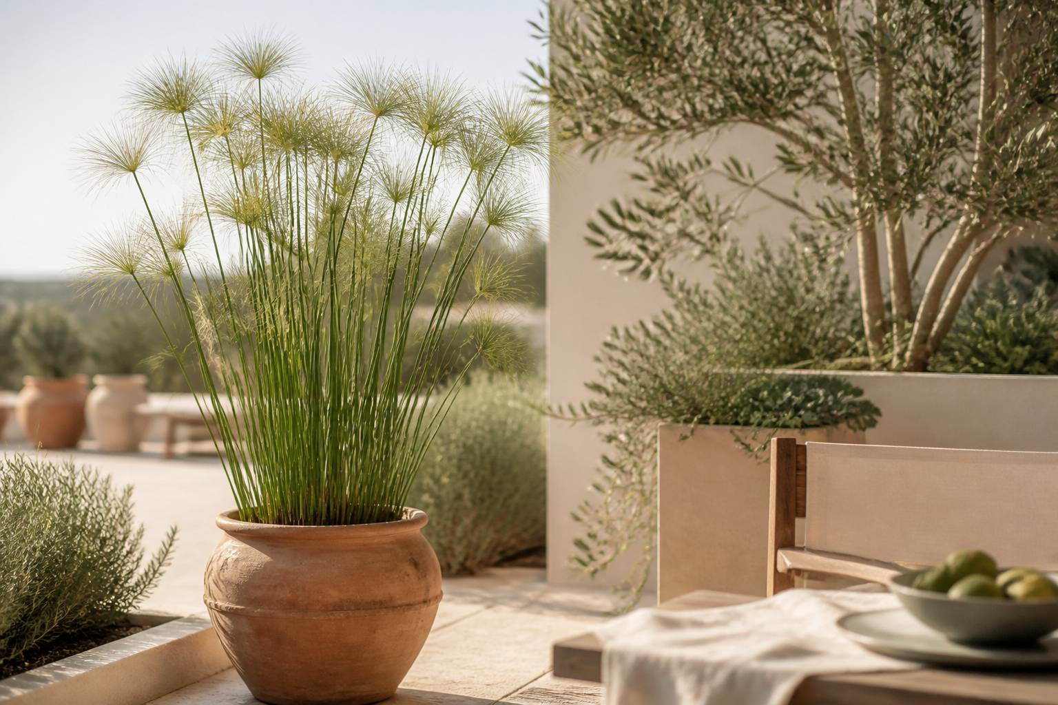 Plante de papyrus en pot de terre cuite sur une terrasse lumineuse