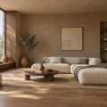 Salon aux murs peints en marron clair avec assise en lin et parquet chaud