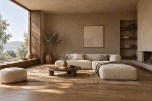 Salon aux murs peints en marron clair avec assise en lin et parquet chaud