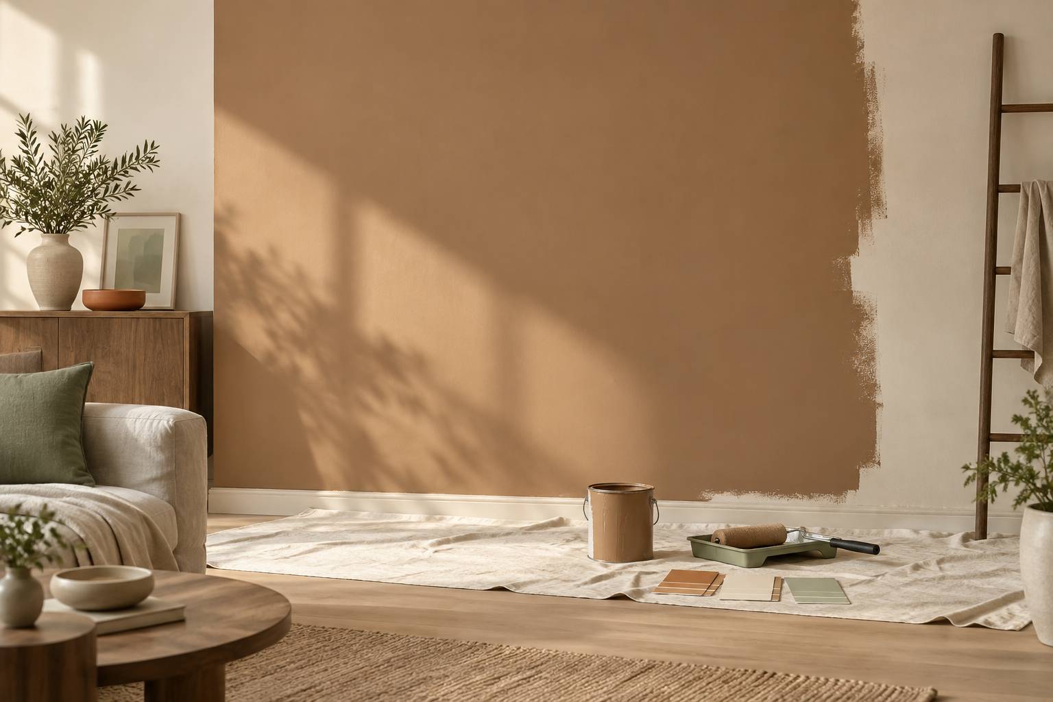 Mur en cours de peinture marron clair avec rouleau et échantillons de teintes mates