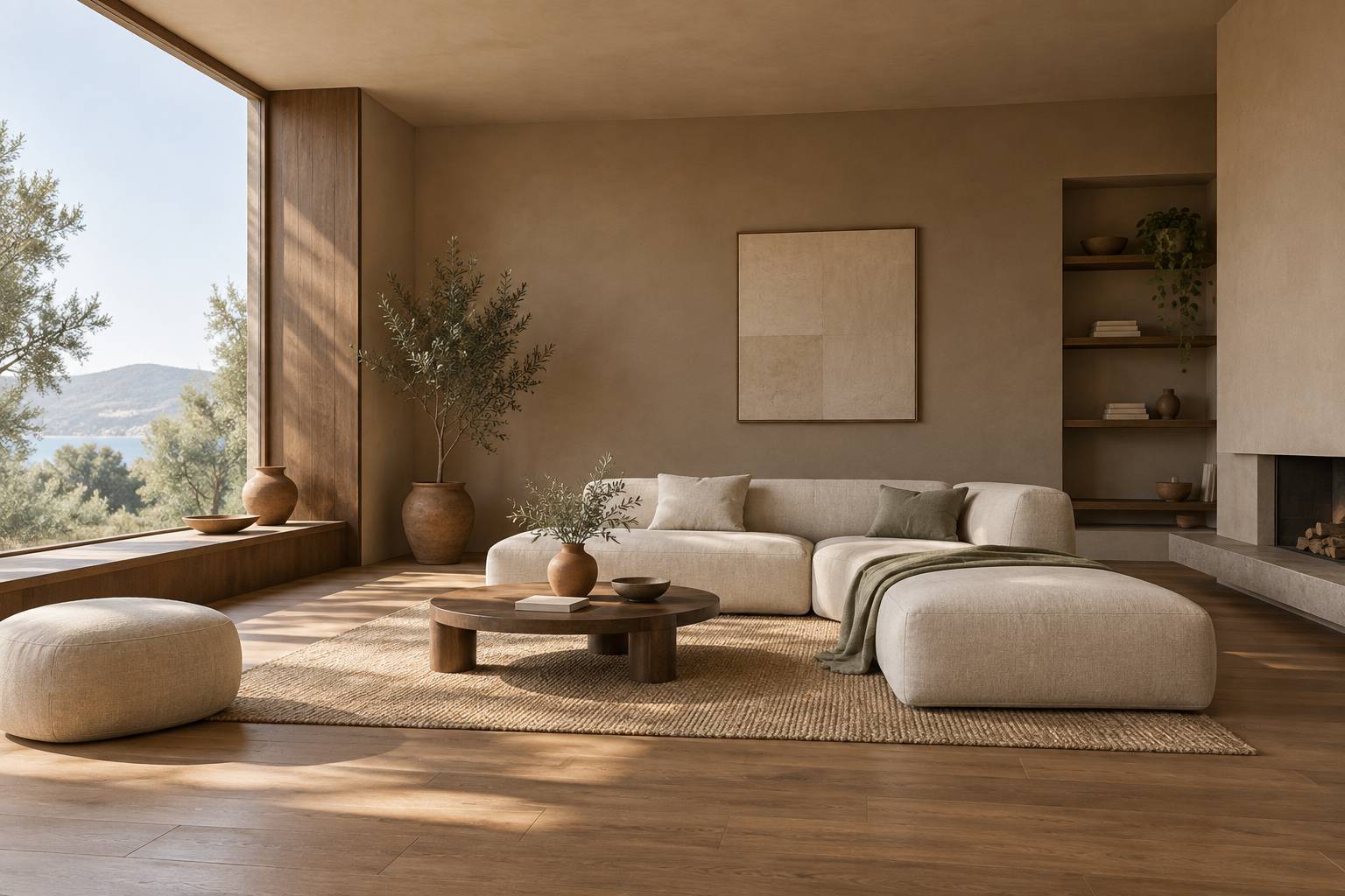 Salon aux murs peints en marron clair avec assise en lin et parquet chaud