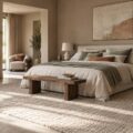 Chambre aux murs taupe avec lit en lin clair et coussins gris beige
