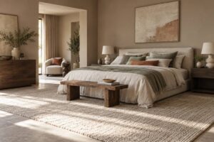 Chambre aux murs taupe avec lit en lin clair et coussins gris beige