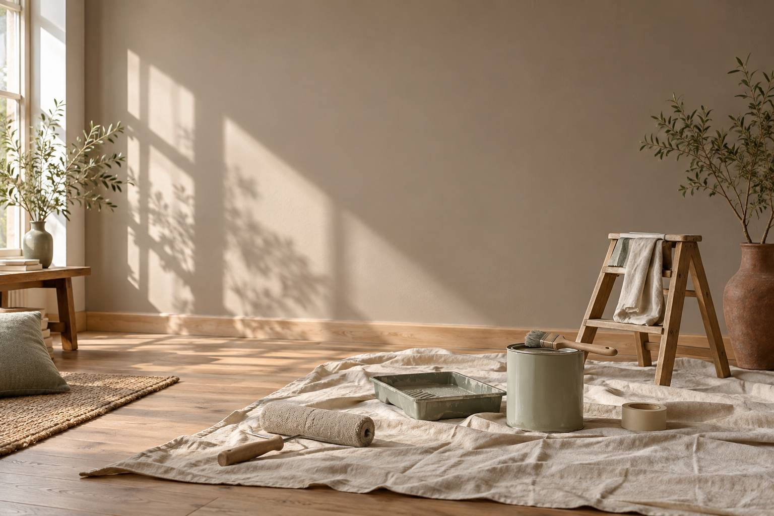 Rouleau et bac de peinture sur une bache devant un mur taupe