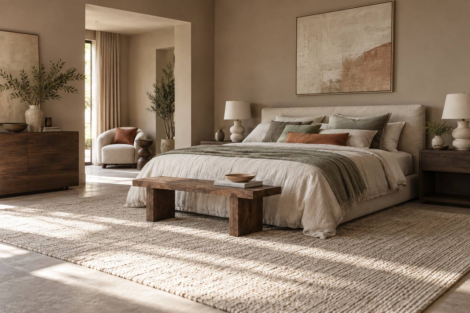 Chambre aux murs taupe avec lit en lin clair et coussins gris beige