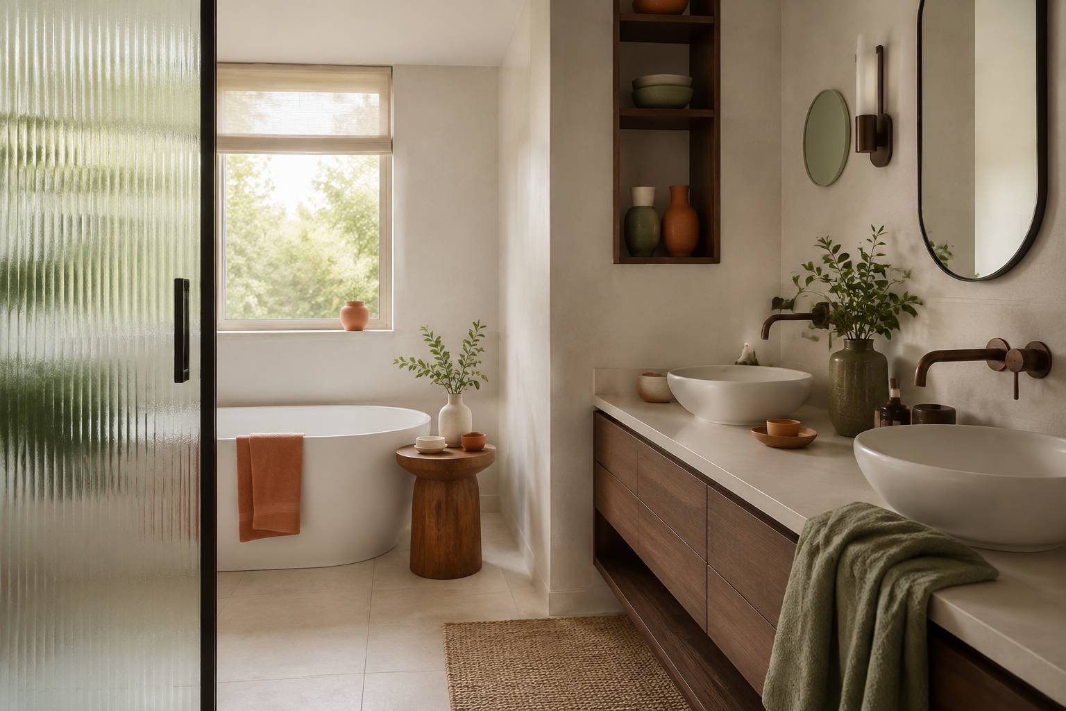 Salle de bains compacte avec baignoire sous fenêtre et double vasque sur meuble en bois