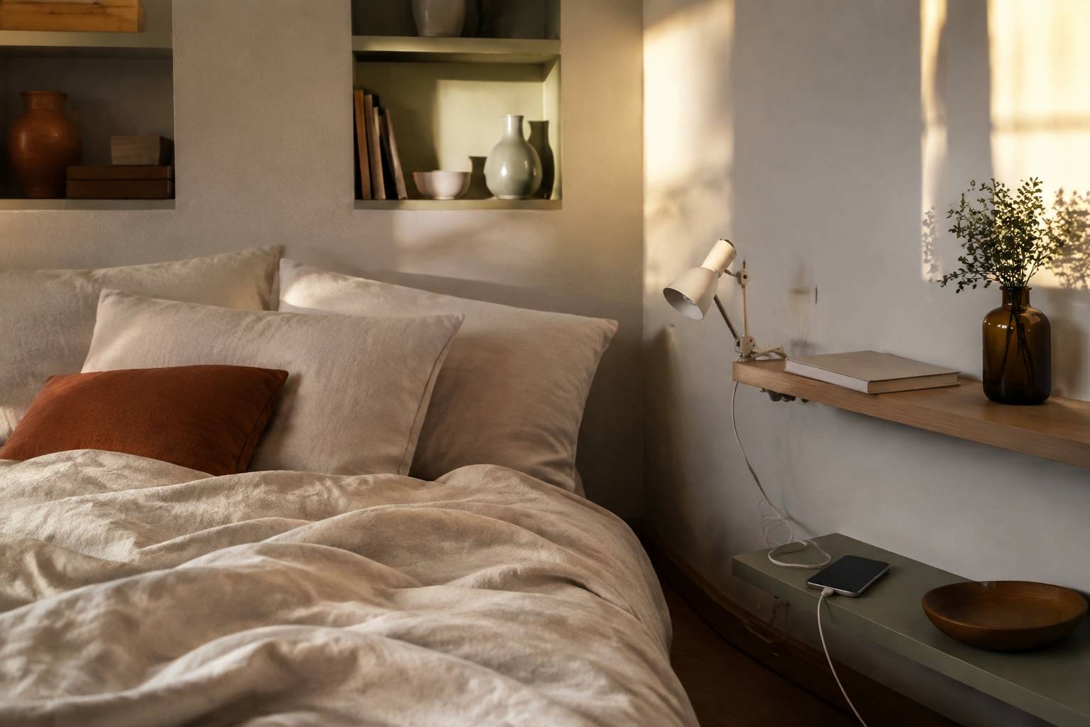 Étagère murale étroite et niche près d'un lit avec lampe et téléphone