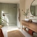 Salle de bains lumineuse avec douche à l'italienne, meuble vasque en bois et grand miroir rond