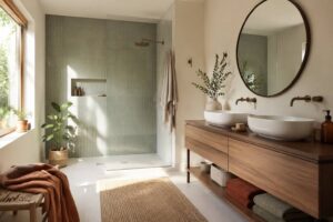 Salle de bains lumineuse avec douche à l'italienne, meuble vasque en bois et grand miroir rond