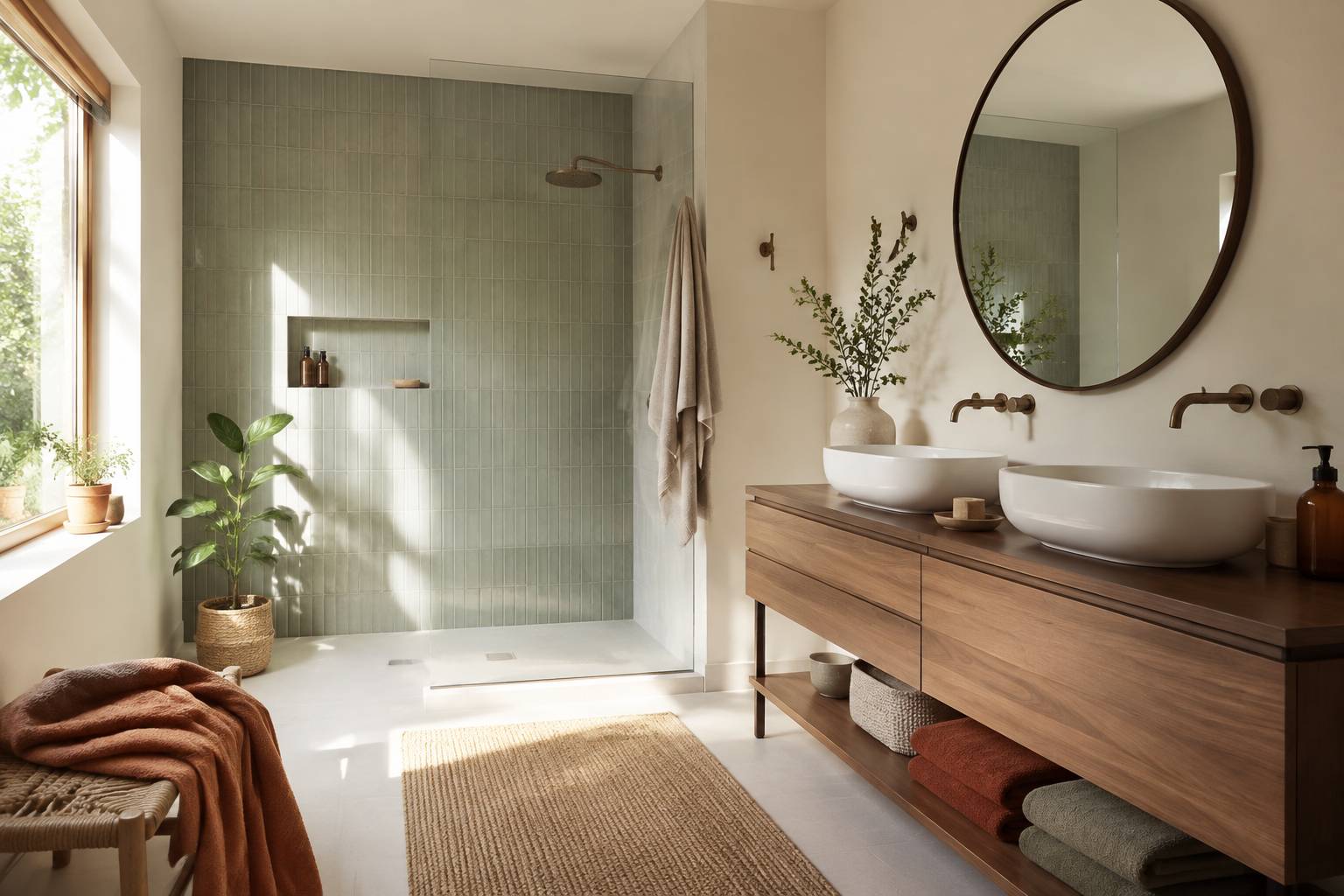 Salle de bains lumineuse avec douche à l'italienne, meuble vasque en bois et grand miroir rond