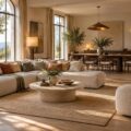 Séjour ouvert avec salon, salle à manger et sources lumineuses chaleureuses