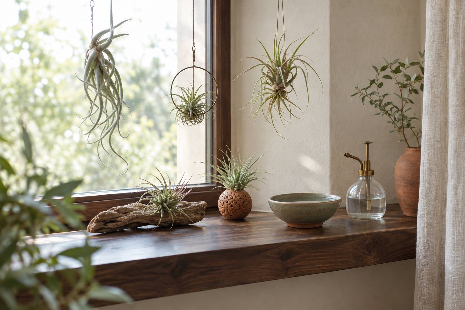 Plusieurs tillandsias sur un rebord de fenetre avec un brumisateur