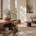 Tillandsia argentee posee sur une etagere de bois clair pres d'une fenetre