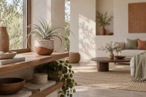 Tillandsia argentee posee sur une etagere de bois clair pres d'une fenetre