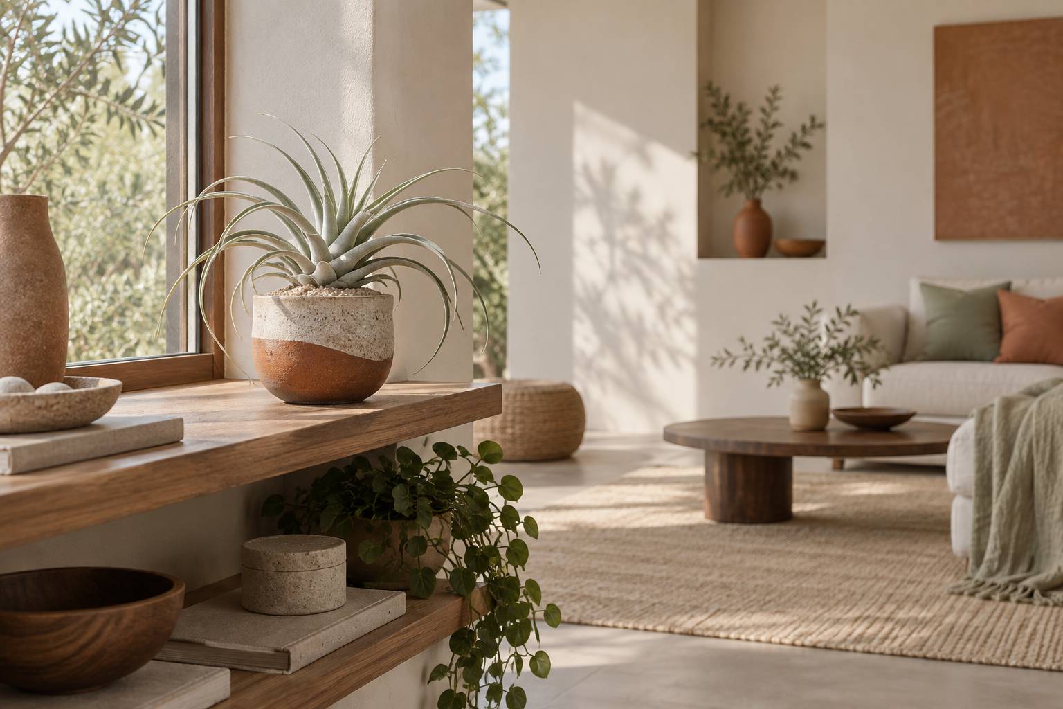 Tillandsia argentee posee sur une etagere de bois clair pres d'une fenetre