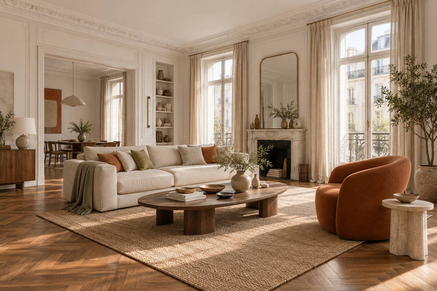 Illustration éditoriale du sujet : Transformation remarquable : découvrez cet appartement d'exception au charme haussmannien réinventé