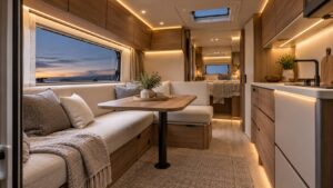Intérieur de camping-car éclairé par un ruban LED chaud sous les placards