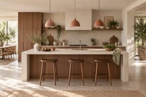 Cuisine moderne avec ilot central eclaire par des suspensions
