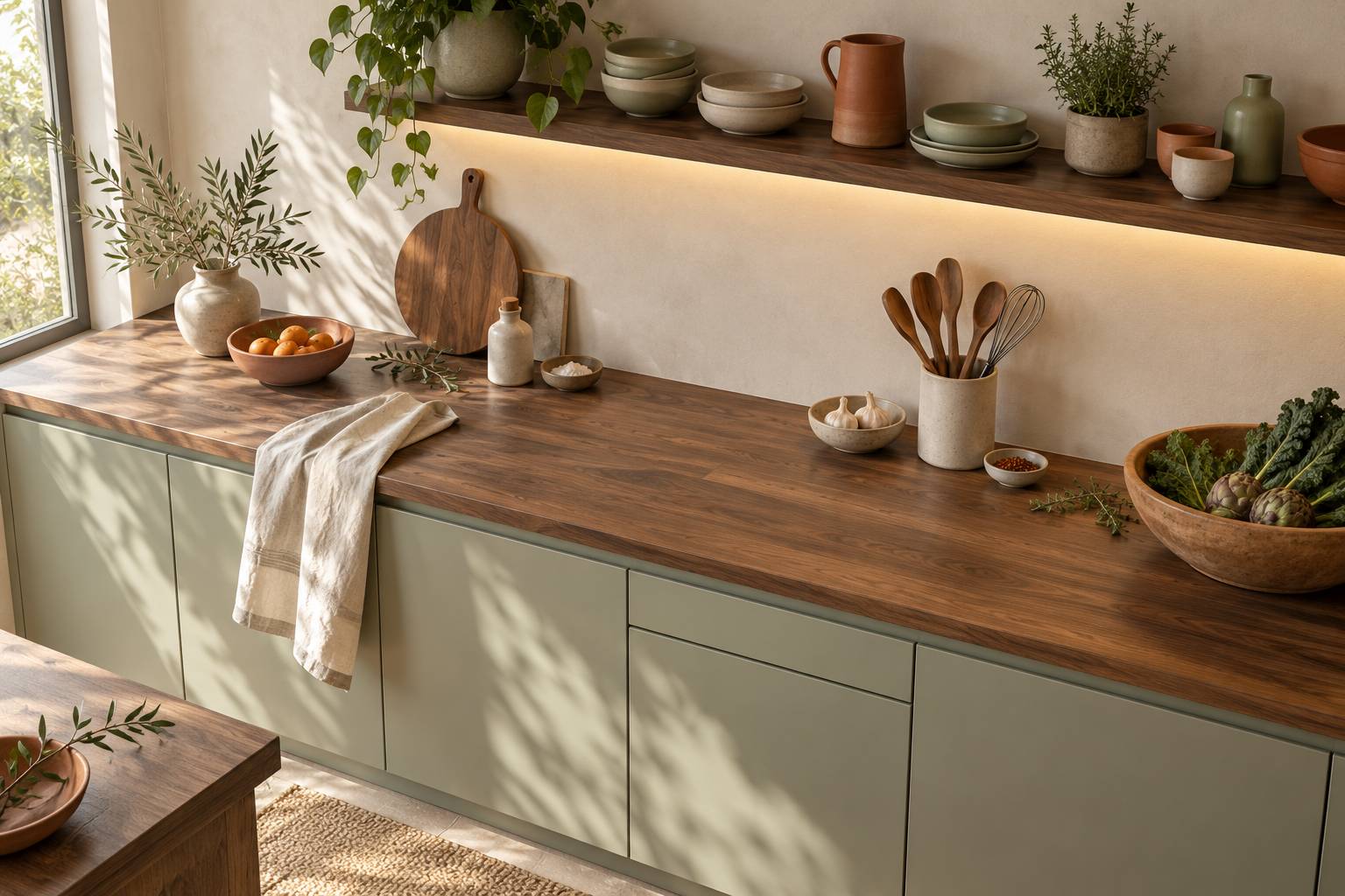 Bandeau lumineux allume sous une etagere au-dessus d'un plan de travail