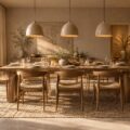 Table de dîner éclairée par trois suspensions à lumière chaude