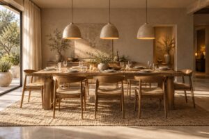 Table de dîner éclairée par trois suspensions à lumière chaude